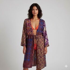 Vintage Patterned Reclaimed Silk Long Sleeve Robe / Swimsuit Cover-up - S/M